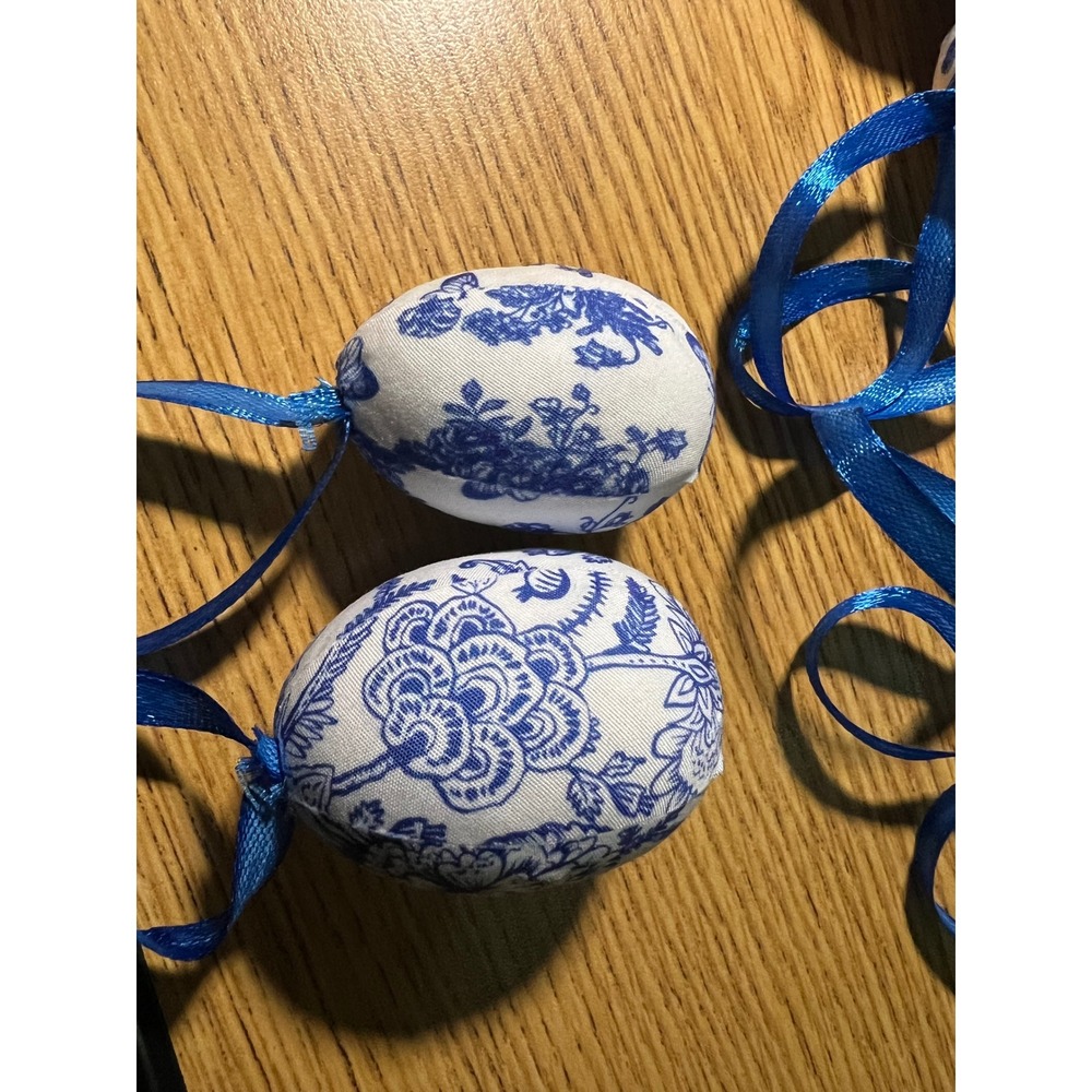 15pc Blue White Chinoiserie Fabric Easter Egg Ornaments Floral Tree Decor - Picture 7 of 9